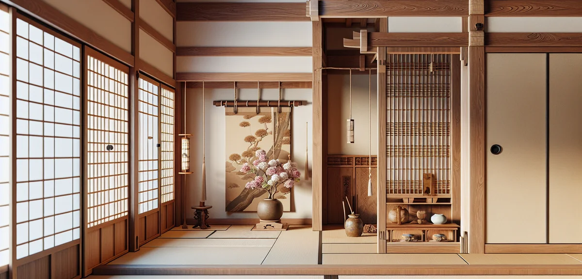 Close-up detail of traditional Japanese room structural elements - nageshi rail, kamoi beam with gro