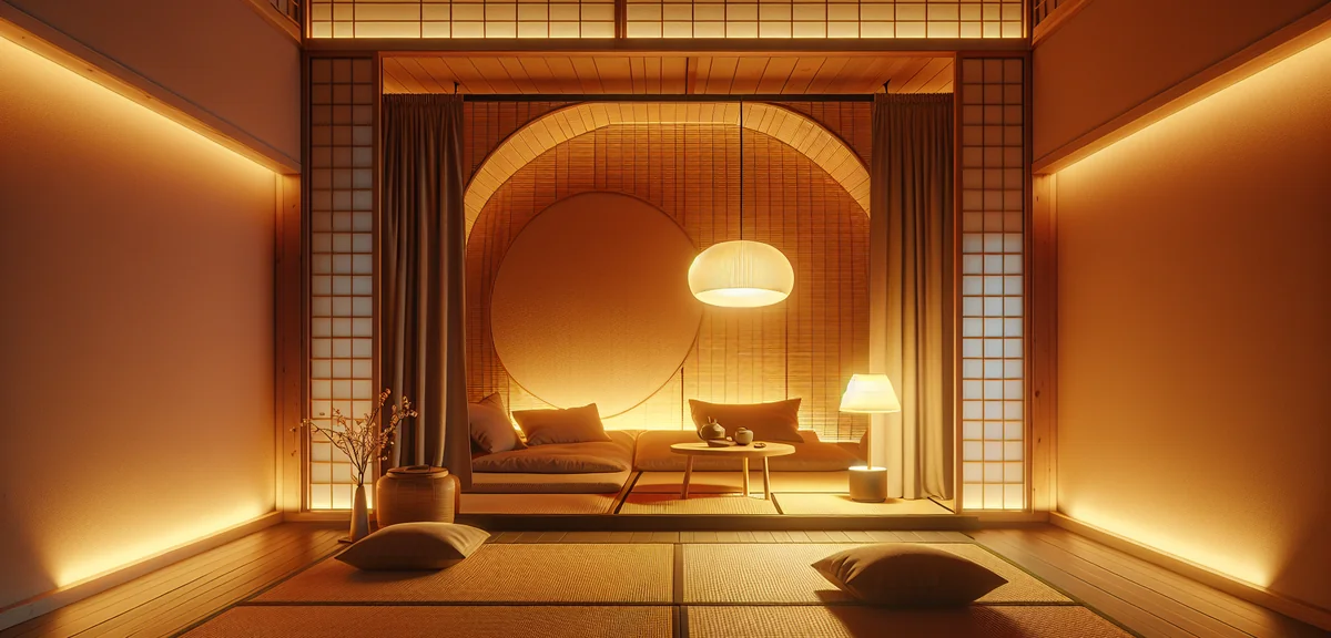 A Japanese tatami room with multiple light sources creating layered illumination. A warm pendant lig