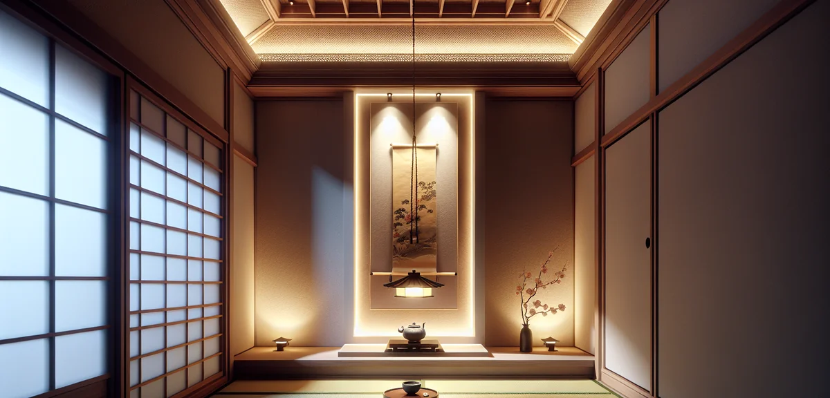 Close-up of a Japanese tatami room corner with LED strip lighting hidden behind the ceiling molding,