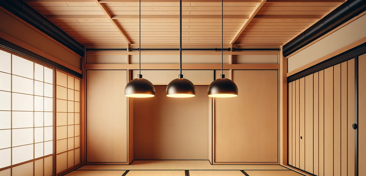 A Japanese tatami room ceiling showing a simple black ductrail installed on a traditional wooden cei