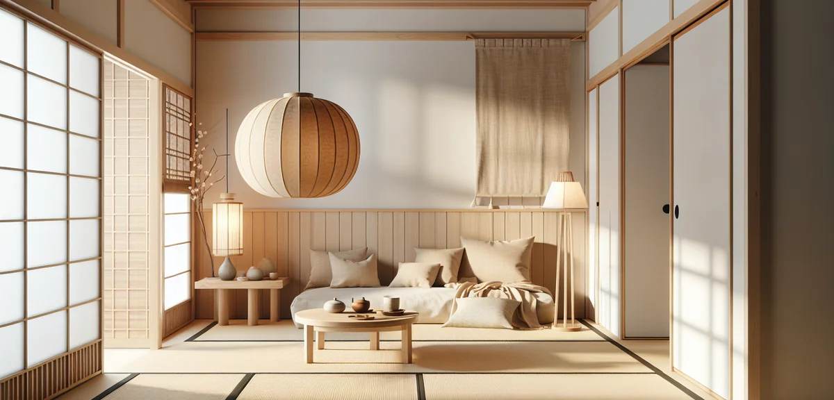 A Japanese tatami room styled with Scandinavian design elements. A wooden pendant light with fabric 