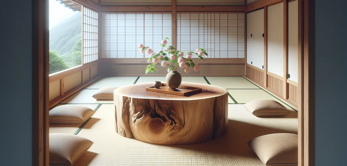 A beautiful natural wood low table (zataku) with visible wood grain pattern placed in the center of 