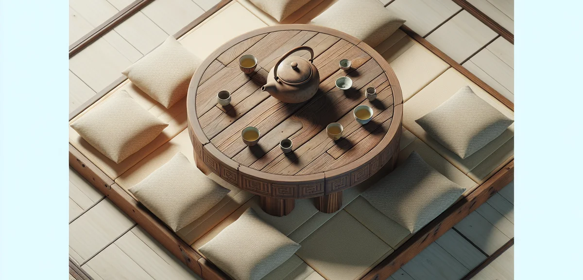 An overhead view of a round wooden chabudai table in a Japanese room with four zabuton cushions arra