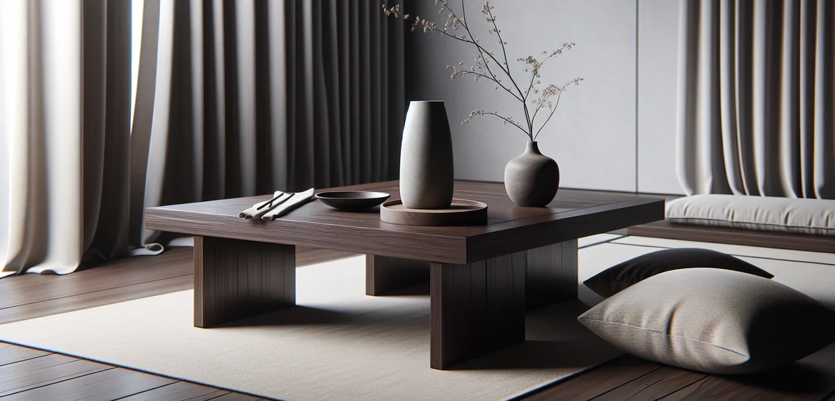 A modern Japanese room featuring a sleek dark walnut low table with clean lines, a minimalist cerami