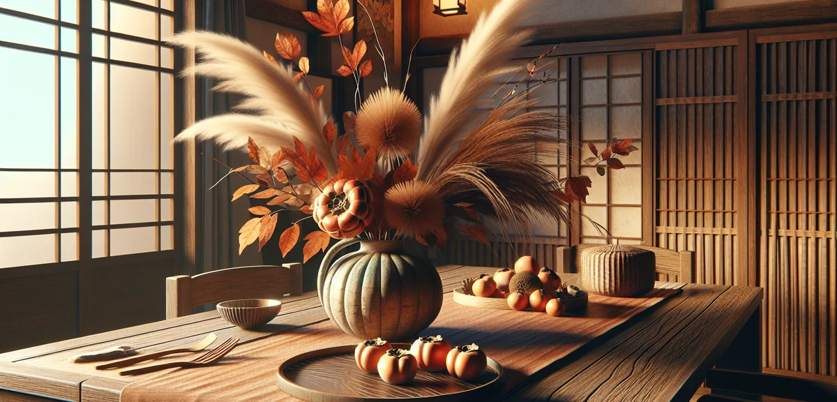 A Japanese room table decorated for autumn with a rustic ceramic vase holding autumn leaves and pamp