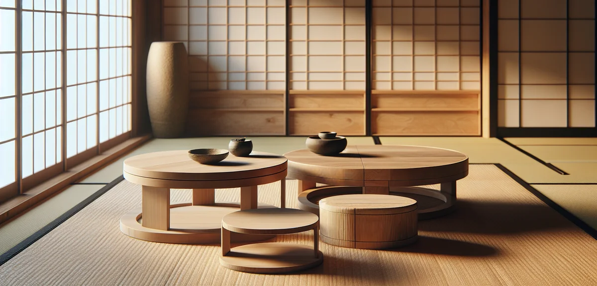 Different types of Japanese low tables arranged on tatami - round chabudai, rectangular zataku, mode