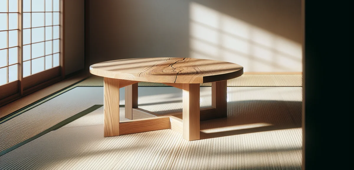 Modern wooden low table with clean lines on tatami mat. Natural oak wood grain visible, minimalist J