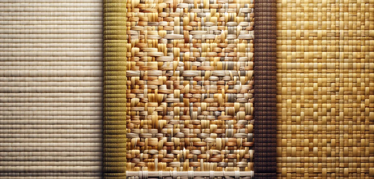 Close-up comparison of three tatami mat surface textures side by side - natural igusa rush grass, wa