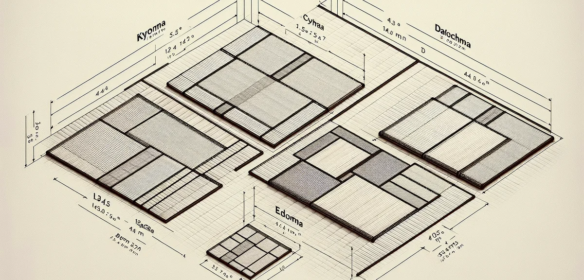 Overhead diagram showing four different tatami mat sizes arranged from largest to smallest - Kyoma, 