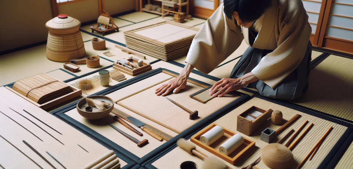 A Japanese tatami craftsman carefully replacing the surface layer of a tatami mat in a traditional w