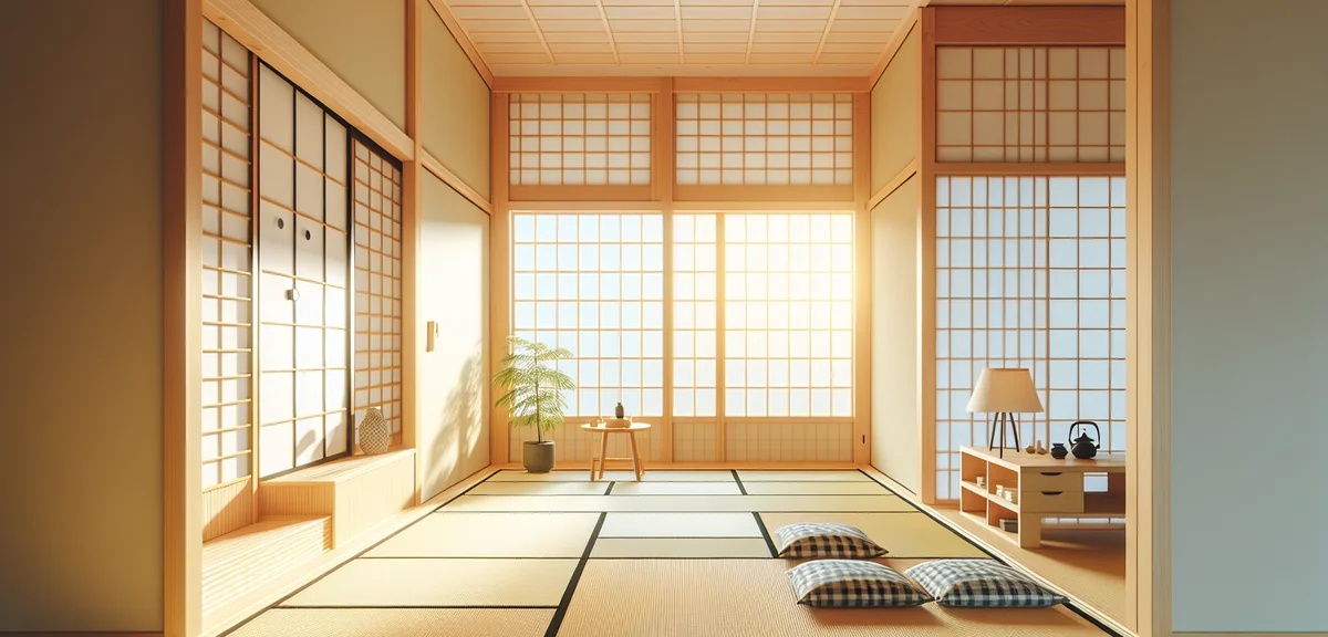A bright Japanese room with half tatami mats laid in a checkered pattern, showing the modern borderl
