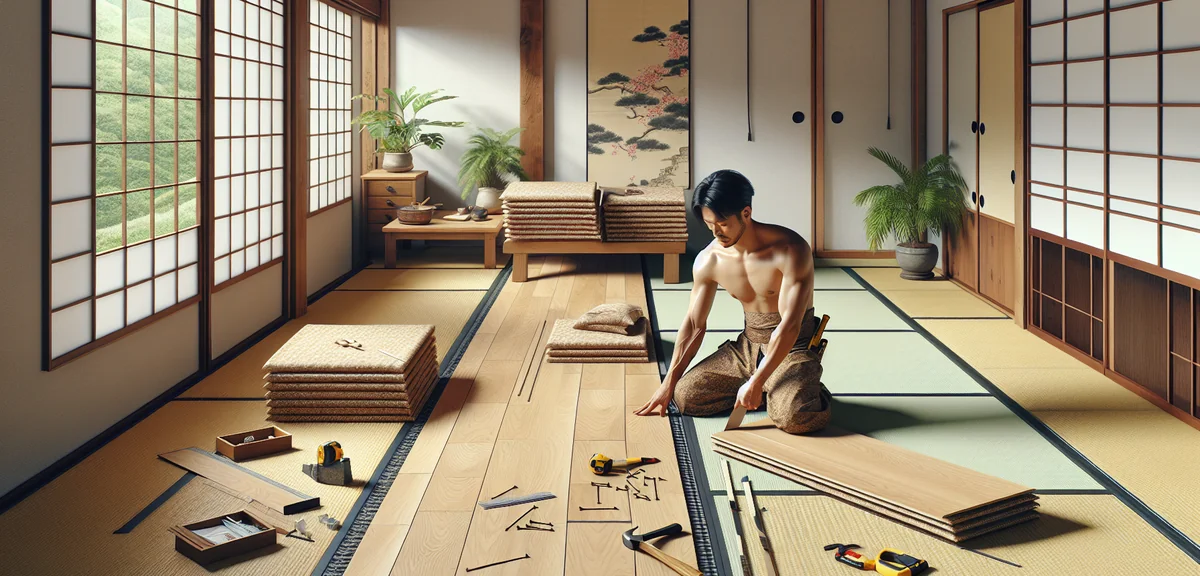 A person carefully laying cushion flooring over tatami mats in a Japanese room. The flooring has a n