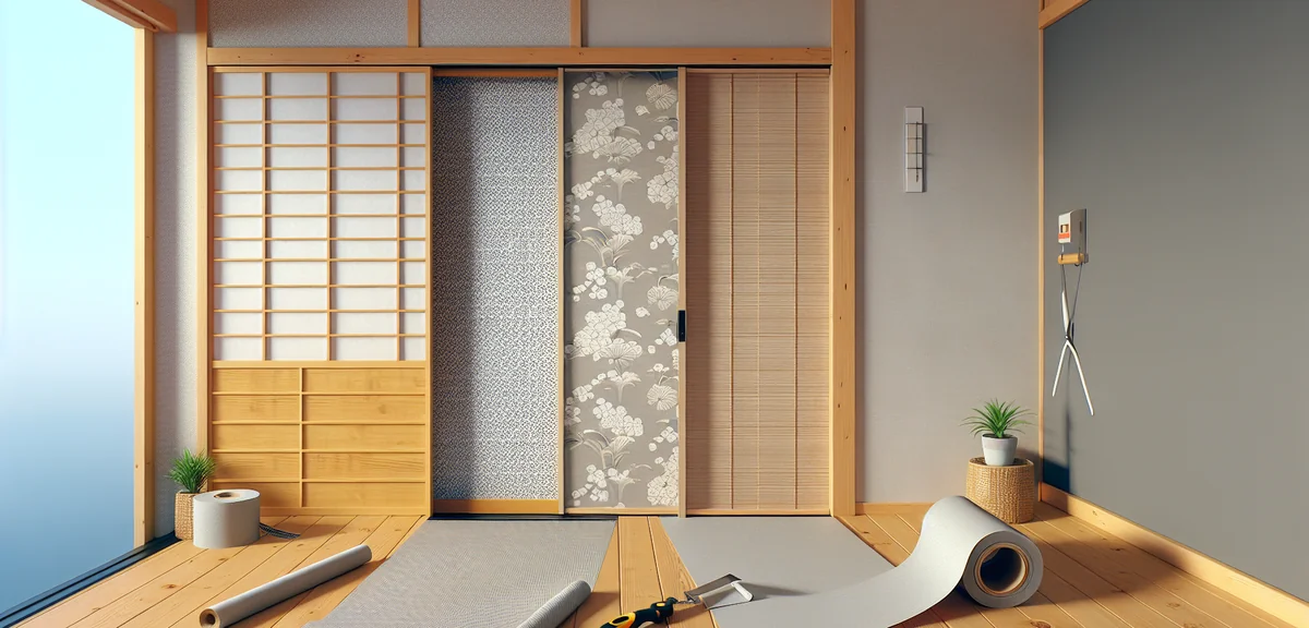 Japanese fusuma doors being transformed with modern wallpaper sheets. One door is already covered wi