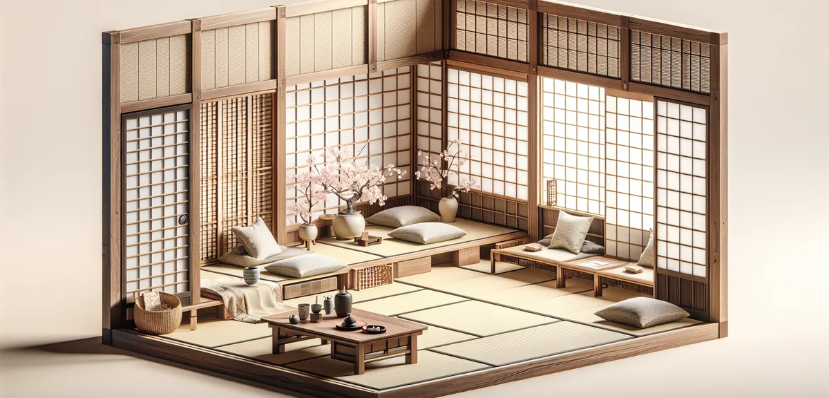 Traditional Japanese washitsu room elements including tokonoma alcove, tatami mats, shoji screens, d