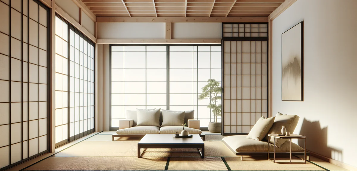 Modern Japanese living space with low sofa on tatami, coffee table, minimalist design, natural light