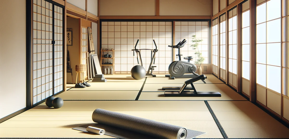 Japanese room converted to home gym with yoga mat on tatami, exercise equipment, minimal setup, natu