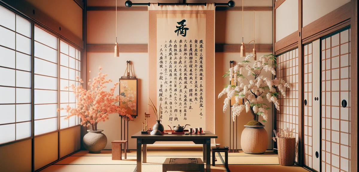 Seasonal Japanese room decoration showing tokonoma with hanging scroll and ikebana flower arrangemen