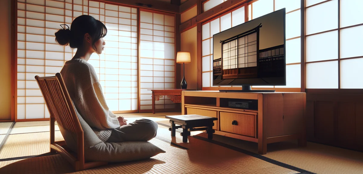 A person sitting on a zaisu floor chair in a tatami room watching TV on a low wooden stand. Eye leve
