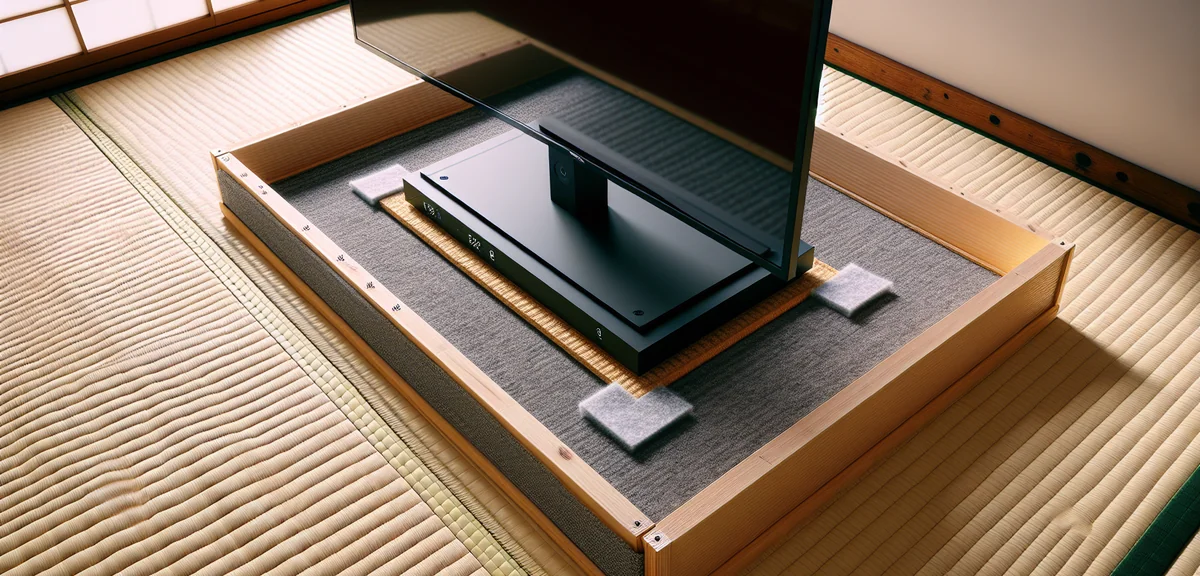 Close-up of a flat-bottom TV stand on tatami mat with a protective board underneath. Felt pads visib