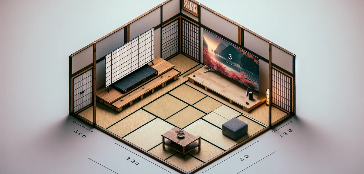 Three types of TV setups in Japanese tatami rooms shown side by side - a low flat TV stand, a corner
