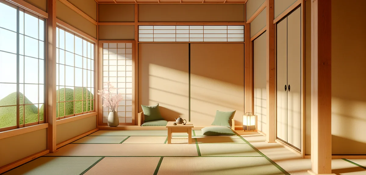 A Japanese tatami room showing wallpaper color coordination with wooden pillars and tatami flooring.