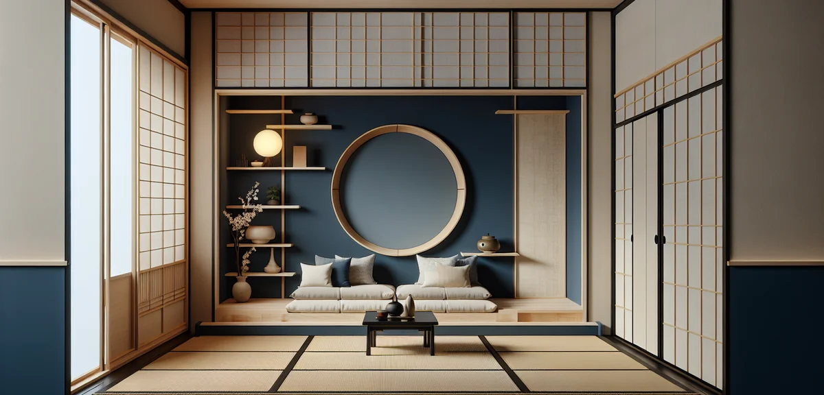 A Japanese room with an accent wallpaper on one wall in deep navy blue, contrasting with neutral off