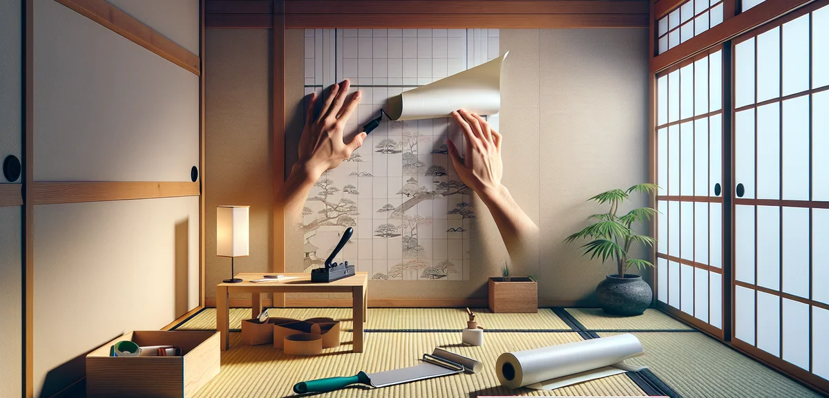 Hands applying a peel-and-stick wallpaper sheet onto a wall in a Japanese tatami room. A squeegee to