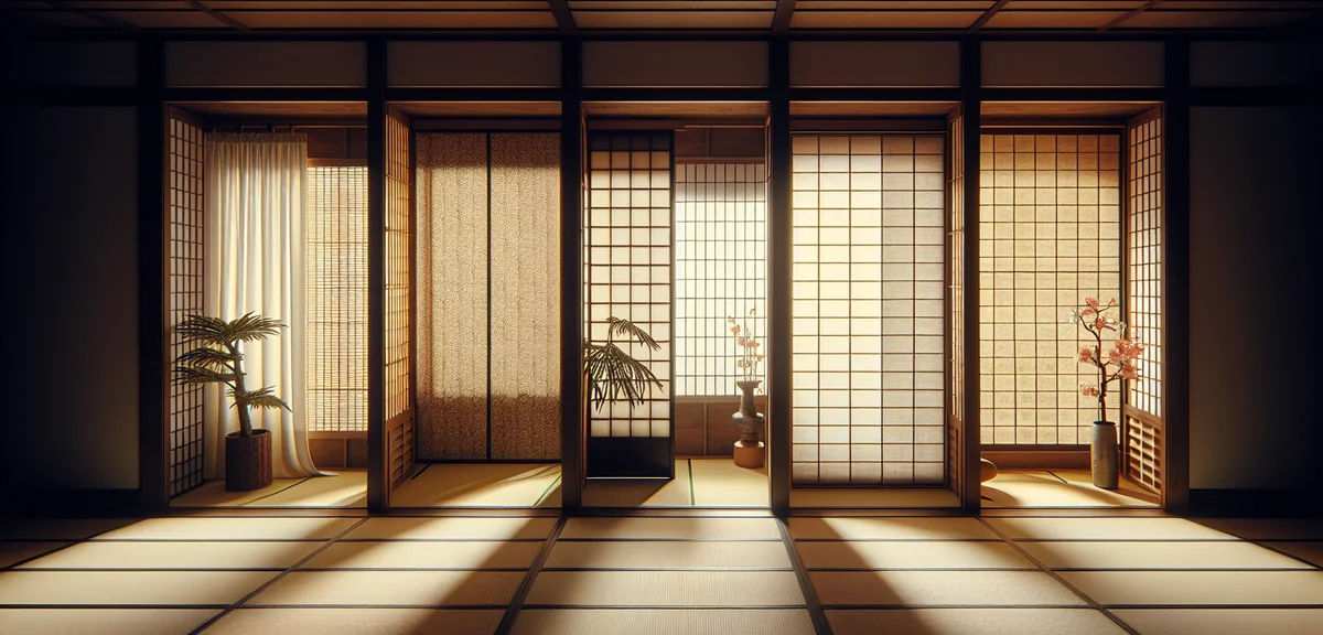 Four types of Japanese room window treatments displayed side by side - traditional shoji screen, fab