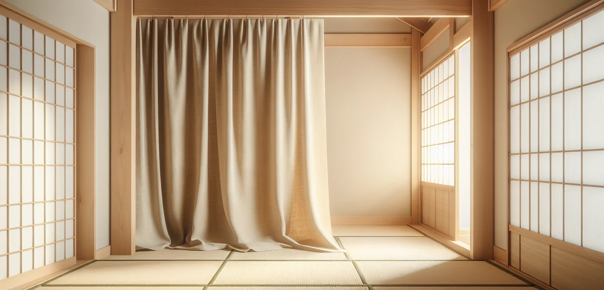 Japanese tatami room with natural linen curtains in beige color, soft light filtering through, woode
