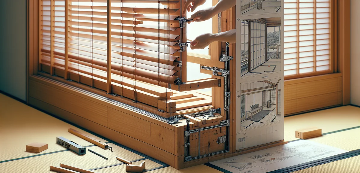 Close-up of wooden blinds being installed in a Japanese room window frame, showing the bracket mount