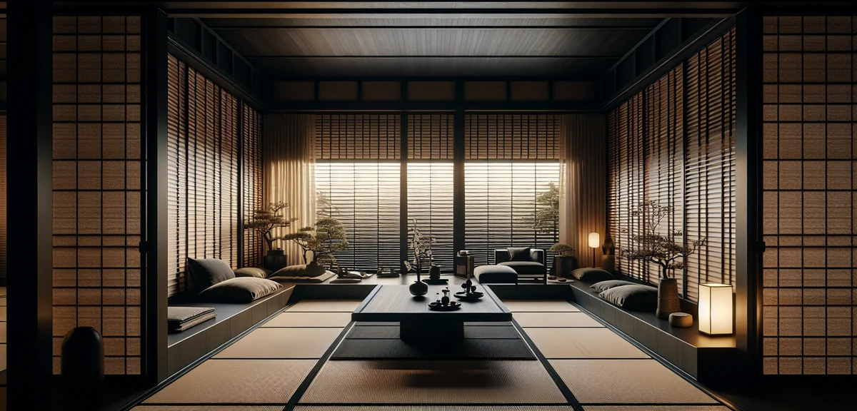 Modern Japanese room with dark wooden blinds on window, tatami floor, low table, minimalist decor, w