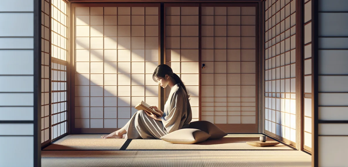Peaceful Japanese tatami room with soft natural light. Person relaxing on tatami, reading book. Mini