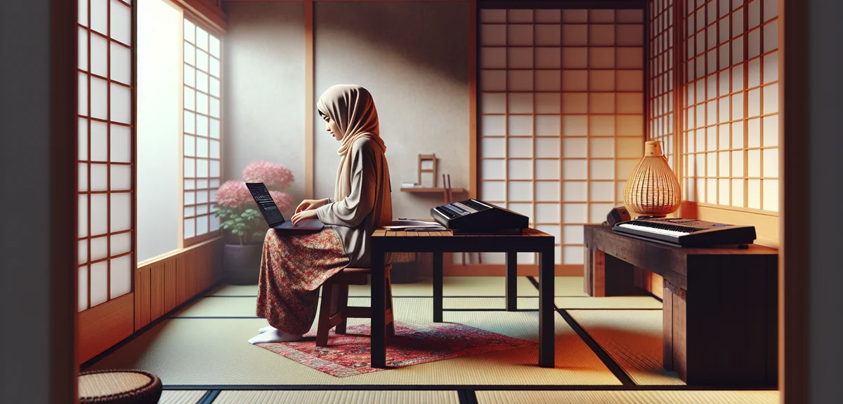 Japanese room used as home office or music practice space. Person working on laptop on low table. Ta