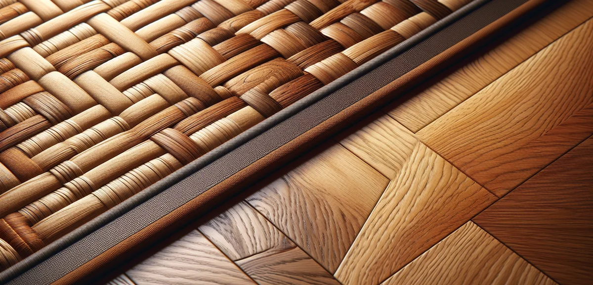 Close-up comparison of tatami mat texture and hardwood flooring side by side, natural materials, int