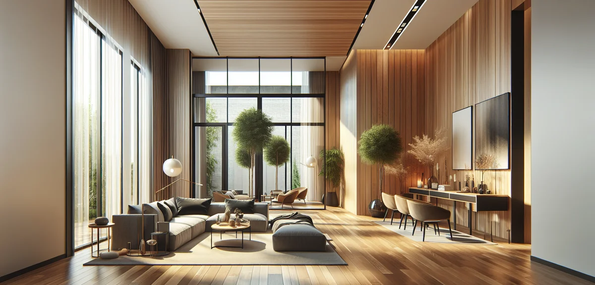 Modern Western-style living room with wooden flooring, contemporary furniture, large windows with na