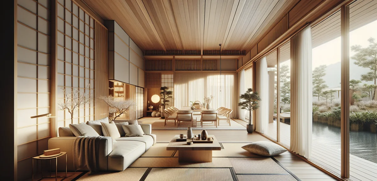 Modern Japanese home interior with both tatami area and Western living space, hybrid style, natural 