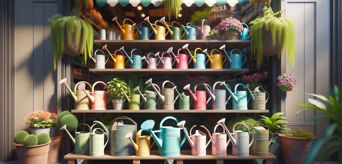 Various watering cans displayed on a garden shelf - plastic colorful ones and vintage metal ones. Br