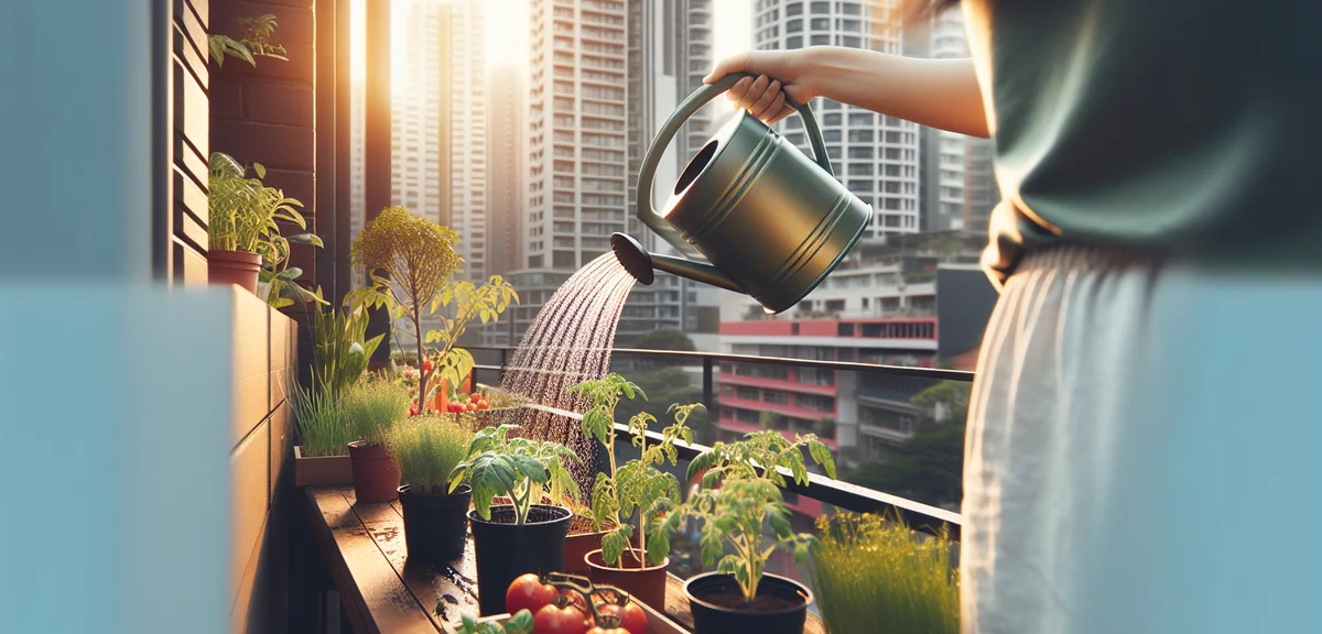A person watering vegetable plants in a small balcony garden using a compact watering can. Urban gar