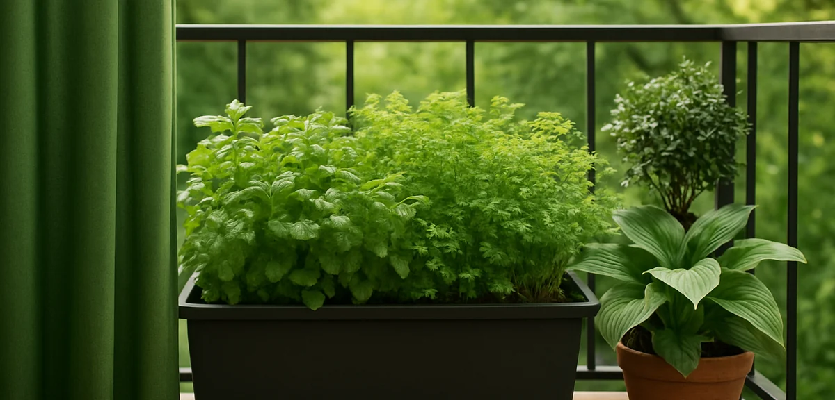 A balcony with green curtain on one side, dense herb planters in center, and shade-tolerant plants i