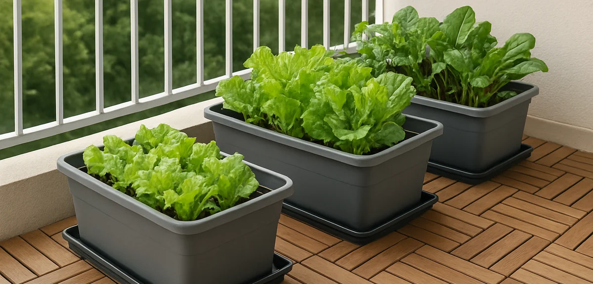A balcony floor protected with wooden slatted mats and waterproof sheets underneath vegetable plante