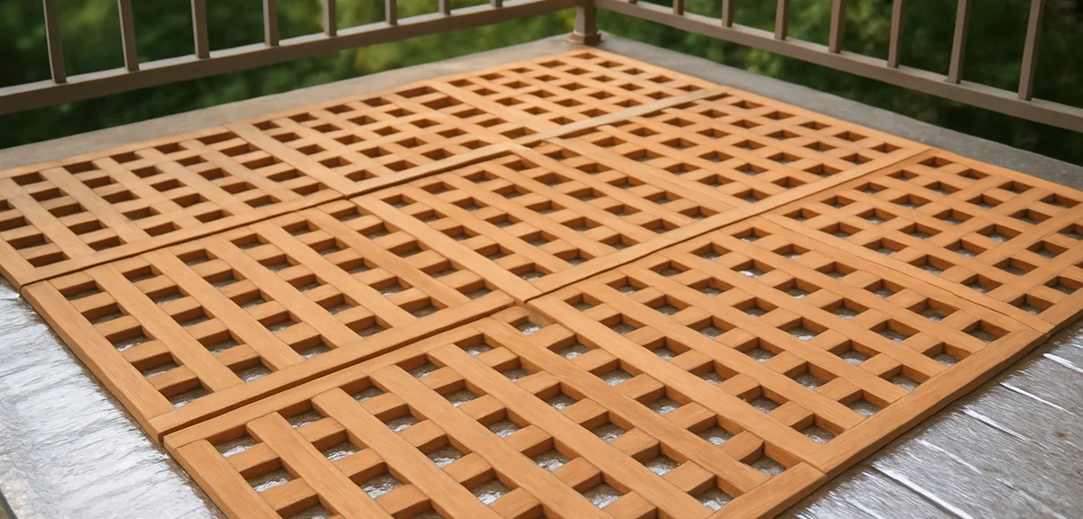 A wooden lattice mat installed on a balcony floor with reflective sheet underneath for heat protecti