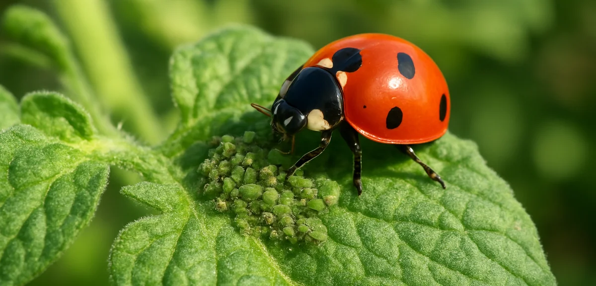 A close-up of a ladybug feasting on aphids on a tomato leaf in a sunny home garden. Photorealistic s