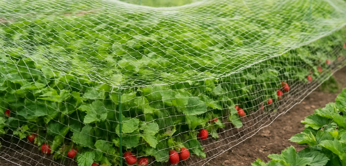 A vegetable garden with bird netting carefully secured over rows of strawberry plants. Photorealisti