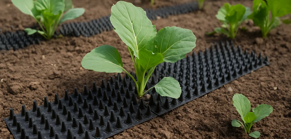 Plastic spike mats laid around vegetable plants in a garden bed to deter cats from digging. Photorea