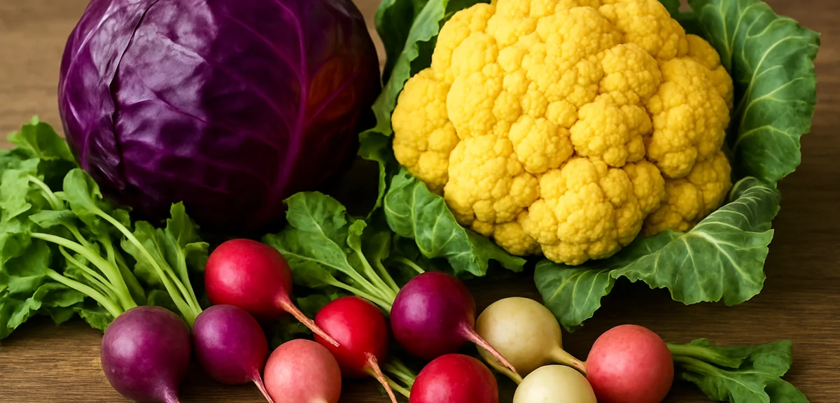 A harvest of colorful purple cabbage, golden cauliflower, and various colored radishes from a home g