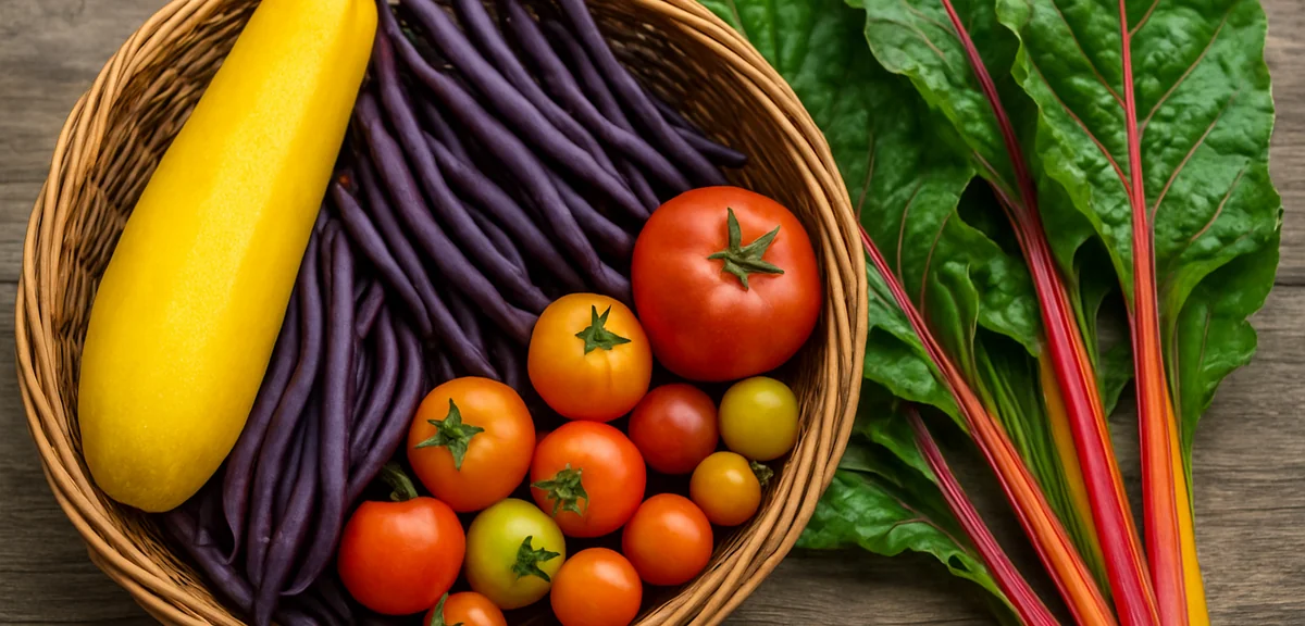 A colorful vegetable garden harvest including yellow zucchini, purple beans, multicolored tomatoes, 