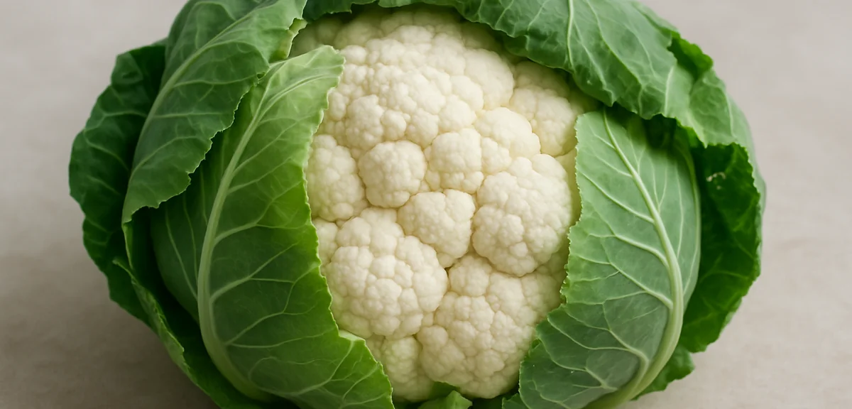 A close-up of a perfectly white cauliflower head being protected by outer leaves wrapped over it - s