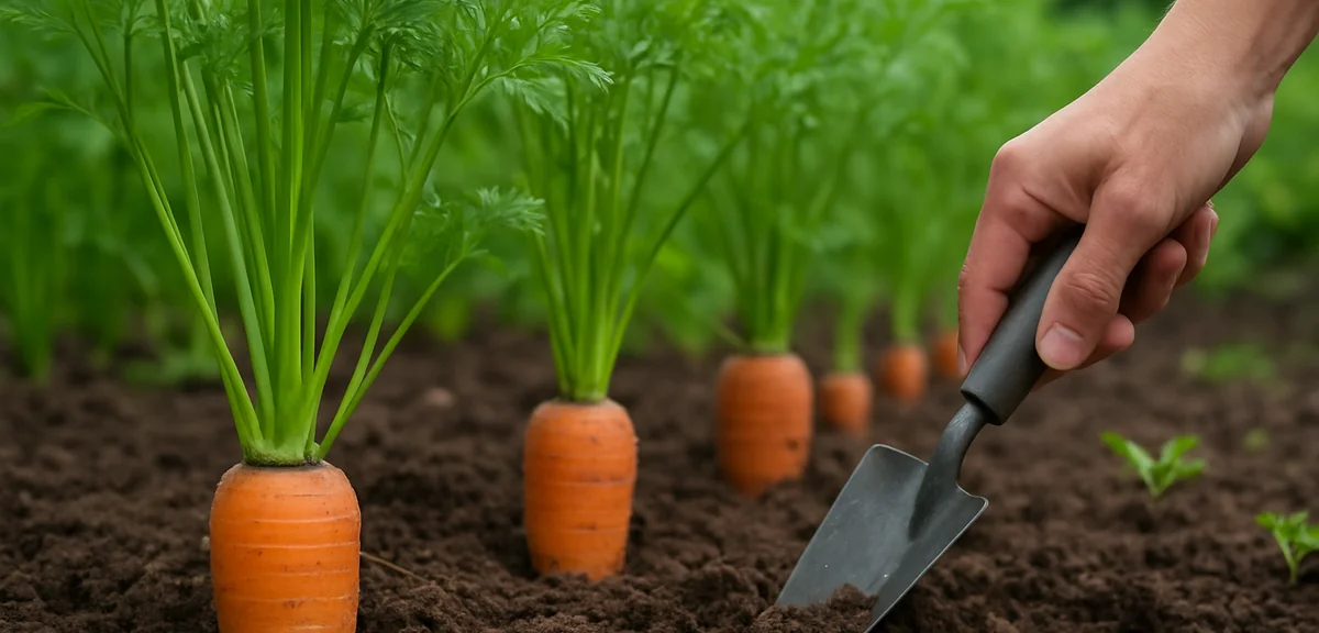 A row of carrots growing in a home garden showing healthy green tops, with some thinning being done.