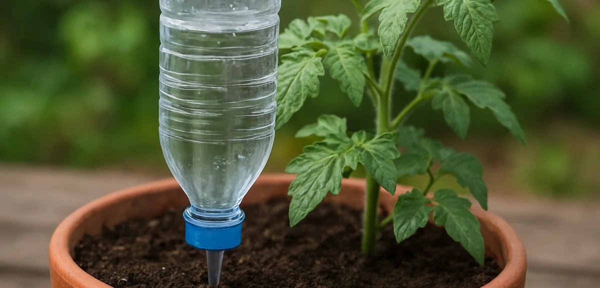A homemade pet bottle drip waterer inverted into a tomato planter, slowly providing water to the soi