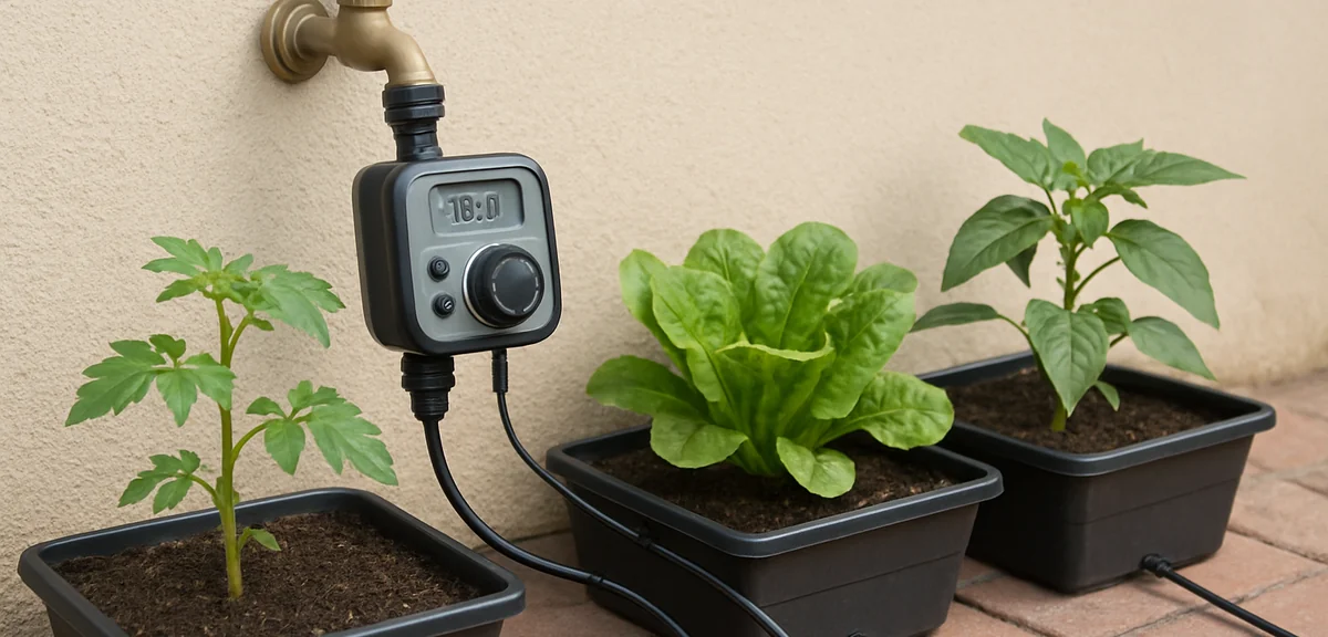 A timer-based automatic watering system attached to an outdoor faucet, with drip lines extending to 
